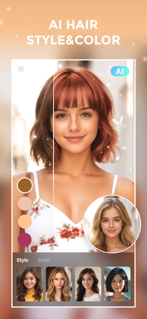 FilterRoom - Face Editor - FilterRoom app screen showing AI hair style and color customization for a portrait.