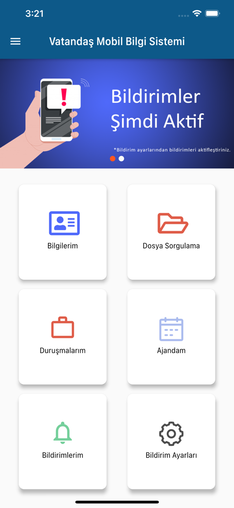 Main dashboard of the e-Adalet Vatandas mobile app featuring legal case inquiry and hearing tracking options