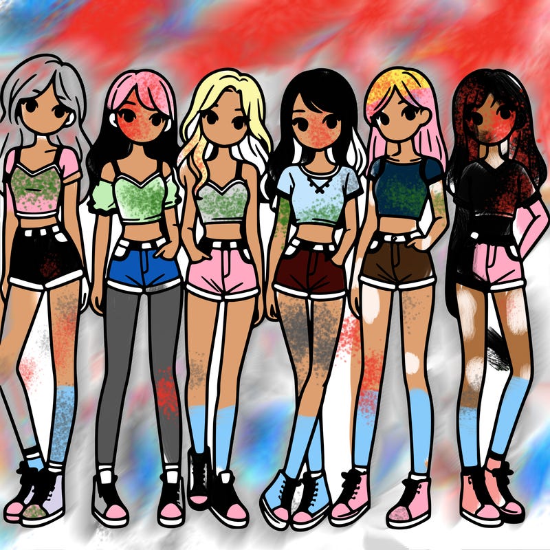 a group of girls wearing crop tops and shorts