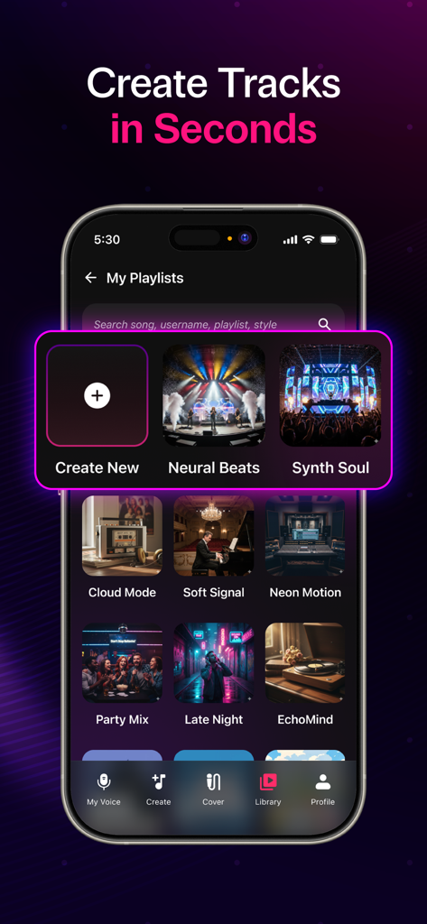 MelodyCraft: AI Song Generator - Interface de l'application MelodyCraft montrant diverses playlists de musique générées par IA et un bouton pour créer un nouveau morceau