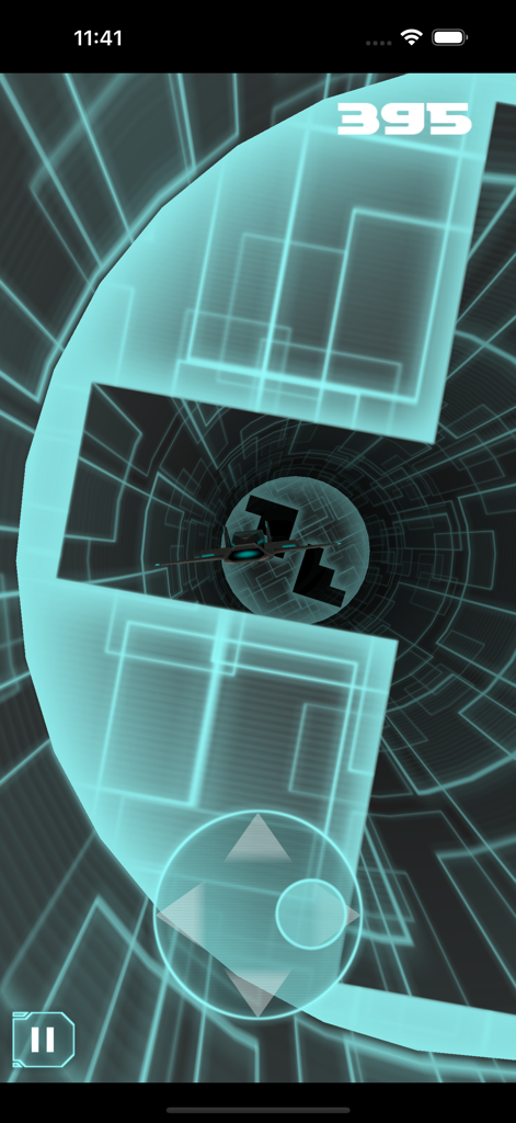 Una nave espacial navegando a través de un túnel futurista oscuro con líneas de cuadrícula de neón azul brillante en el juego arcade ST-3D-R.