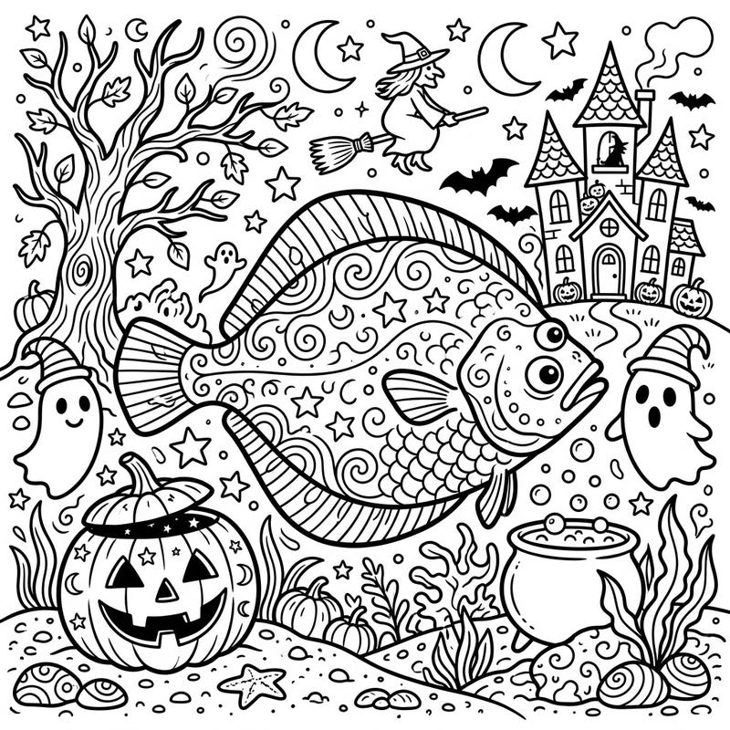 Unleash your creativity with this wonderfully whimsical Flatfish Halloween coloring page, where underwater charm meets spooky season delights. Explore a unique scene filled with a patterned flatfish, playful ghosts, and classic Halloween symbols, ready for your artistic touch.