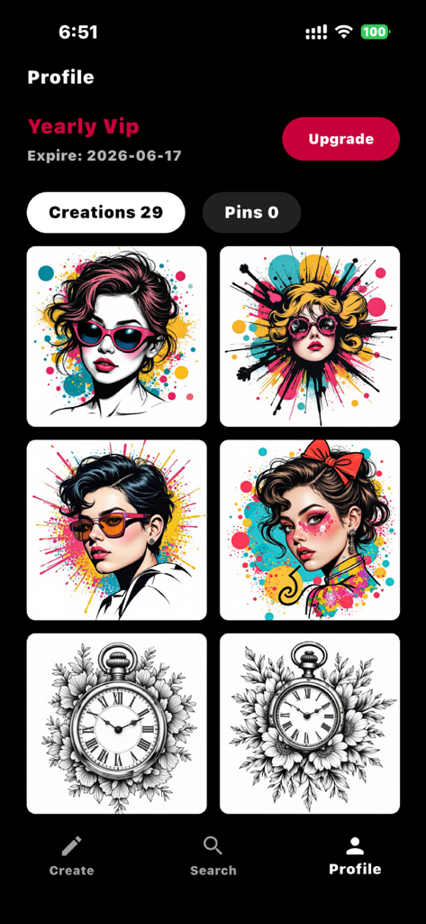 AI TattooGen - Ink Art - Pagina del profilo dell'app AI TattooGen che mostra una griglia di design di tatuaggi generati dall'IA salvati, inclusi ritratti colorati e orologi da tasca