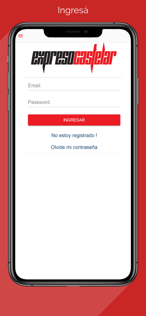 Expreso Castelar - Pantalla de inicio de sesión de la aplicación móvil Expreso Castelar con campos para correo electrónico y contraseña, y un botón para iniciar sesión.