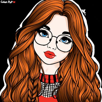 girl with long hair and freckles and glasses realistic