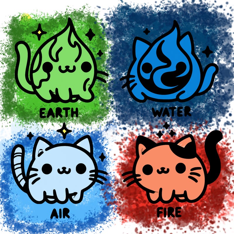 4 cats that represent the different elements, earth, water, air, and fire