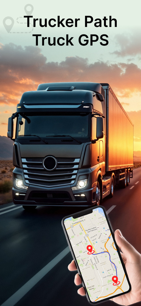 Truck Map Navigator: Truck GPS - Camion semi-remorque roulant sur une autoroute au coucher du soleil avec un téléphone portable affichant un itinéraire de navigation GPS pour camion.