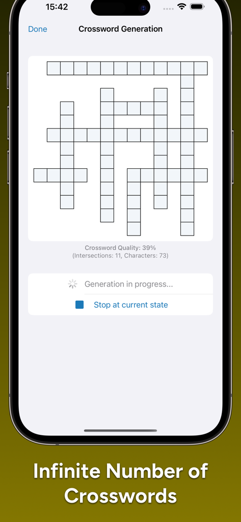 CrossCraft: Crossword Tests - Interfaz de la aplicación móvil de CrossCraft que muestra la generación automática en tiempo real de una nueva cuadrícula de crucigrama.
