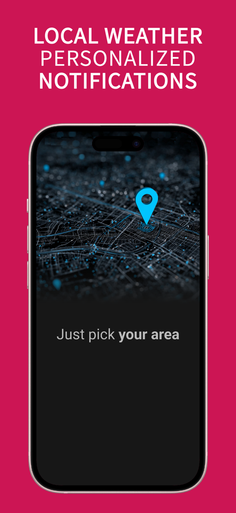 パーソナライズされたローカル天気アラートを設定するための場所ピンが表示された都市地図を示すスマートフォンの画面。