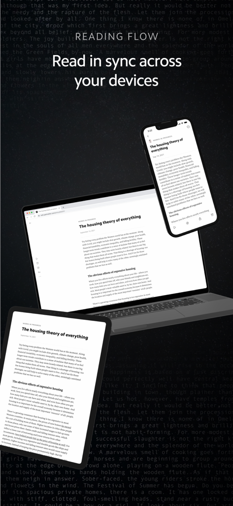 Matter: Reading App - The Matter reading app displaying a synced article across a smartphone, laptop, and tablet.