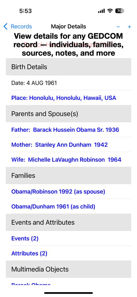 Uma captura de tela do aplicativo GEDitMobile exibindo informações genealógicas detalhadas para um indivíduo específico, incluindo detalhes de nascimento e relacionamentos familiares.