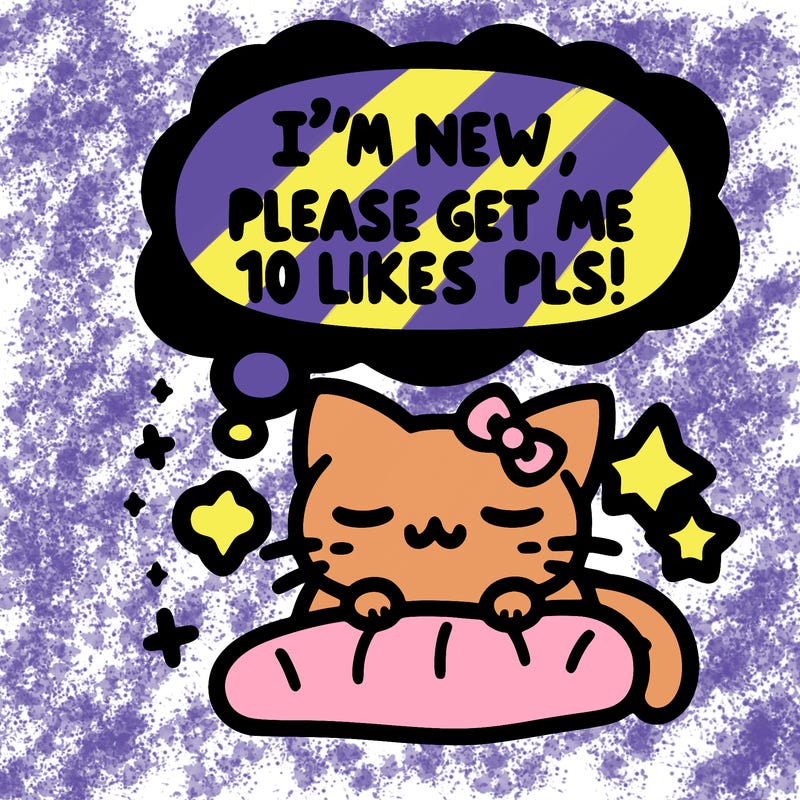 kitty taking a nap dream talking and saying "i'm new, please get me at least 10 likes pls!!"