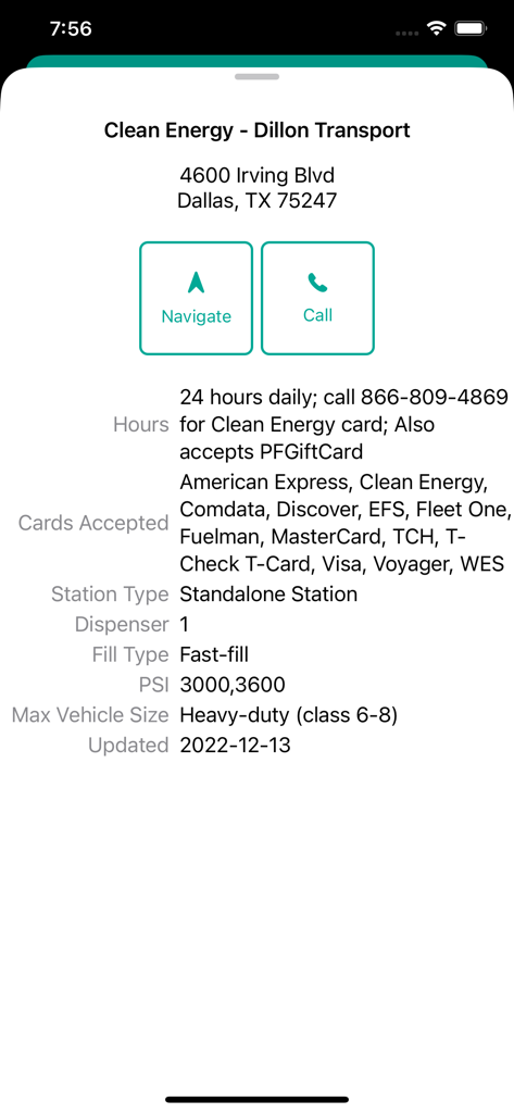 Detailed view of a CNG station in Dallas showing address operating hours accepted fuel cards and technical specifications