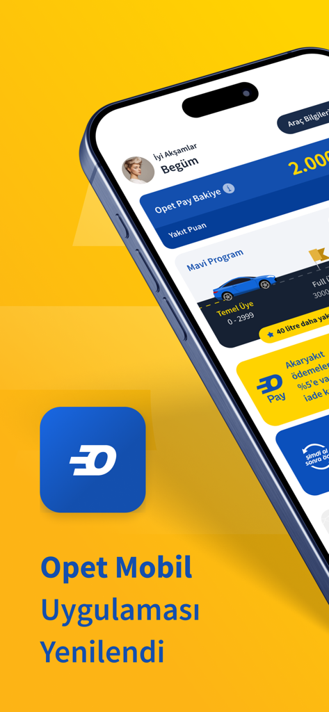 Opet Mobil - Opet Pay'le Kazan - Smartphone affichant l'interface de l'application Opet Mobil avec les niveaux du programme de fidélité et le solde Opet Pay sur fond jaune.