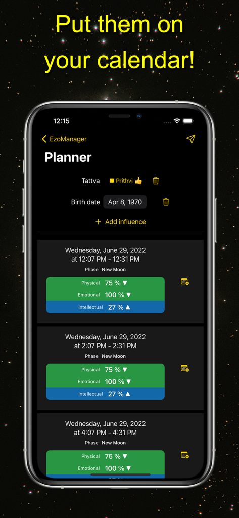 EzoManager – esoteric planner - EzoManager app planner showing biorhythms and lunar phases with calendar options