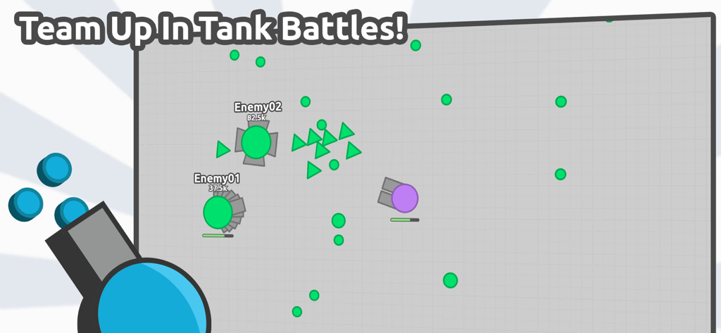 diep.io - Une capture d'écran de diep.io montrant un combat de tanks multijoueur avec des joueurs nommés Enemy01 et Enemy02 sur un fond de grille.