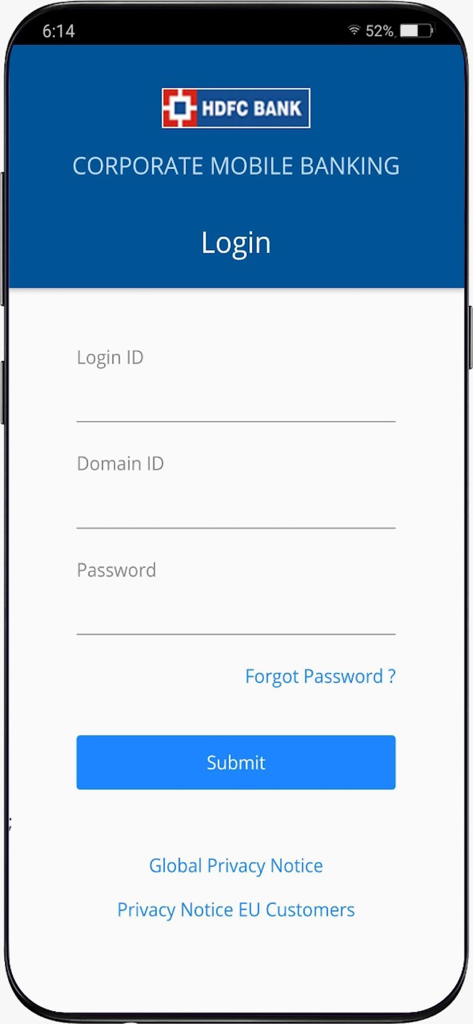 Login screen of HDFC Bank Corporate Mobile Banking app showing login ID and password fields