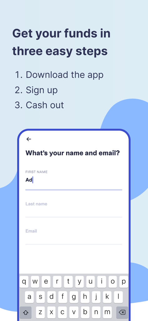 Rain Instant Pay app onboarding screen showing the three easy steps to sign up and cash out funds