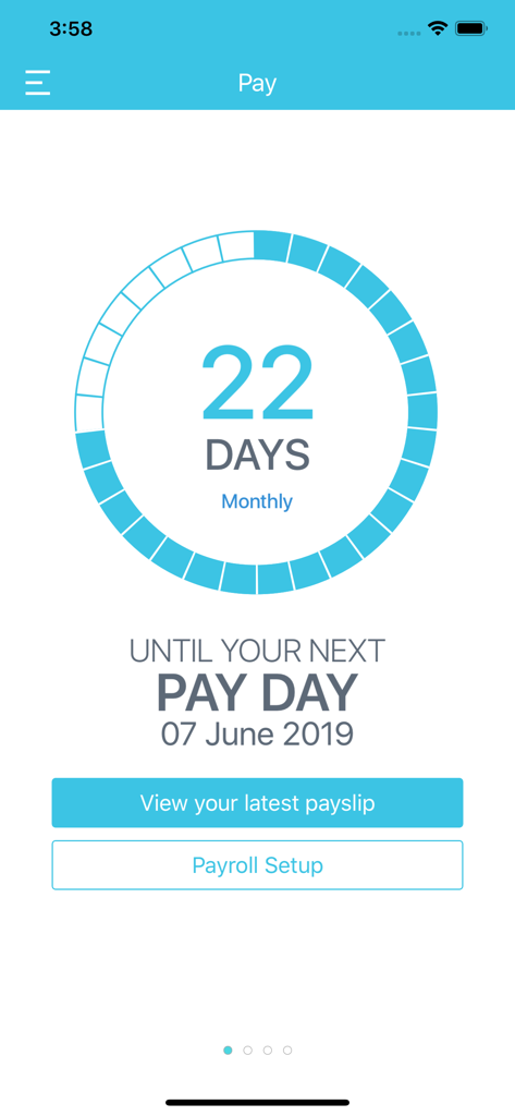 Datacom MyPay mobile app screen showing a 22 day countdown until the next pay day with options to view payslips