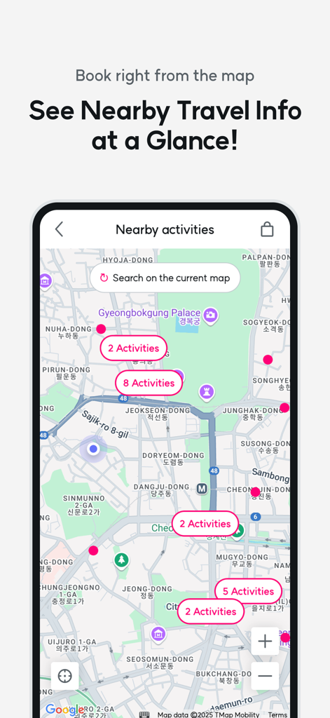 Ecrã móvel mostrando a funcionalidade de mapa da aplicação WAUG para encontrar e reservar atividades de viagem próximas