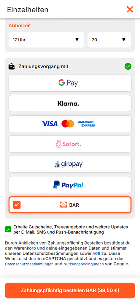 Pizzeria Da Enzo Bielefeld - Checkout screen of the Pizzeria Da Enzo app showing pickup time selection and various payment methods including PayPal and cash