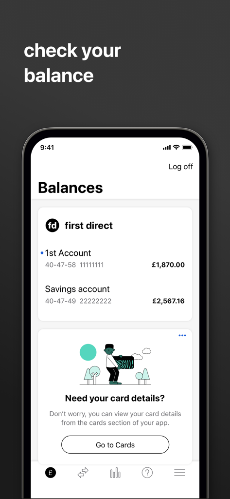 first direct - Pantalla que muestra los saldos de la app de First Direct para cuentas corrientes y de ahorro.