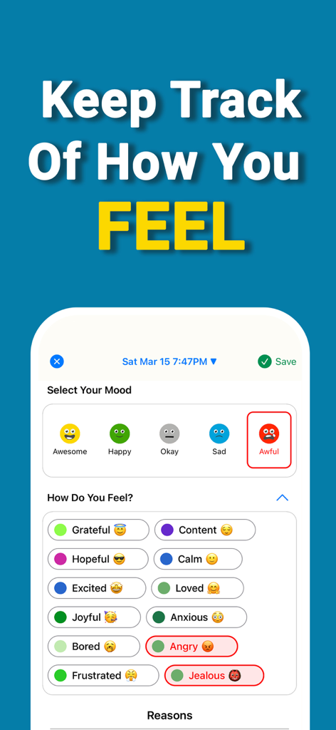 Mood Feel Tracker MoodFeel - MoodFeel app interface displaying options to select daily moods and specific emotions with icons