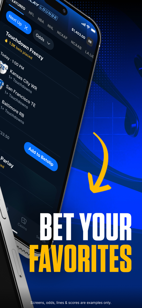 Mobile phone displaying theScore Bet app interface with Touchdown Frenzy betting options and a prominent Bet Your Favorites text overlay.