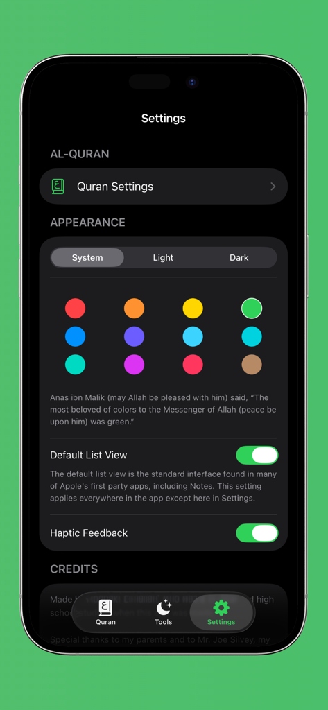 Al-Quran | Beginner Quran - Settings screen of the Al-Quran Beginner app showing dark mode and color customization options.