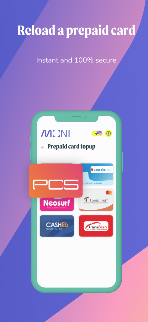 MONI | Mobile & Prepaid topups - Interfaz de la aplicación MONI que muestra varias opciones de recarga de tarjetas prepago como PCS Neosurf y Paysafecard