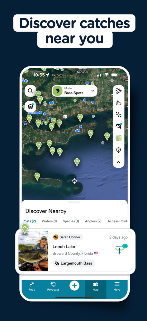 Map view in the FishAngler app showing verified fishing catch locations and a report for a largemouth bass caught in Florida