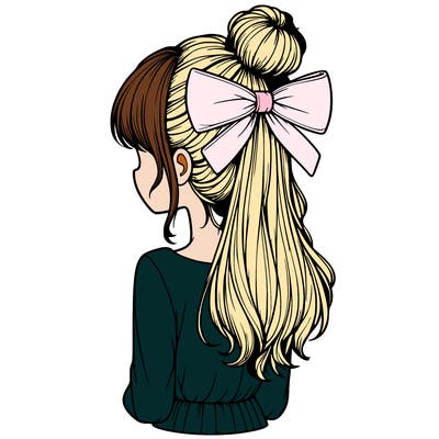 realistic girl  with hip length hair a bun and a big bow on the back of head