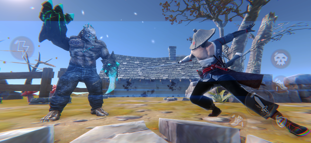 Samurai Fighting Ninja Shadow - Un personaje samurái con sombrero de paja lucha contra un gran jefe demonio musculoso en un entorno exterior en 3D.