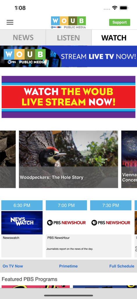 WOUB Public Media App - WOUB Public Media app watch screen showing live stream options and PBS program schedule