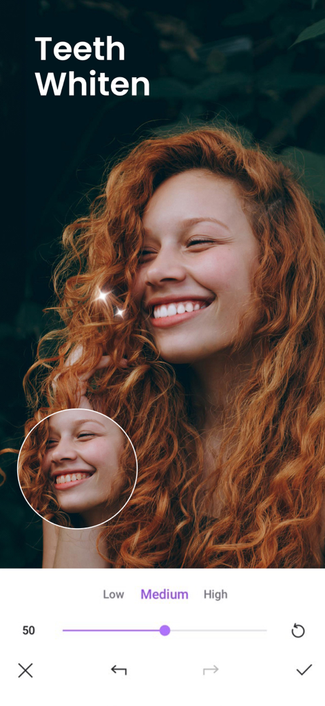 Vivid Glam Video/Photo Retouch - Vivid Glamアプリの笑顔の女性のポートレートでの歯のホワイトニング機能のビフォーアフター比較
