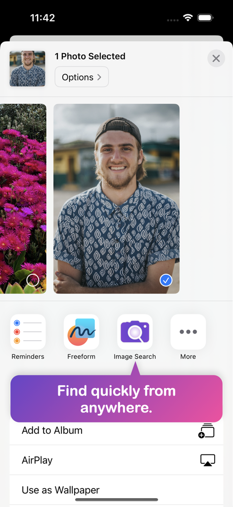 Reverse Image Search – RIMG - Screenshot of the iOS share menu featuring the RIMG app icon with a text bubble saying Find quickly from anywhere