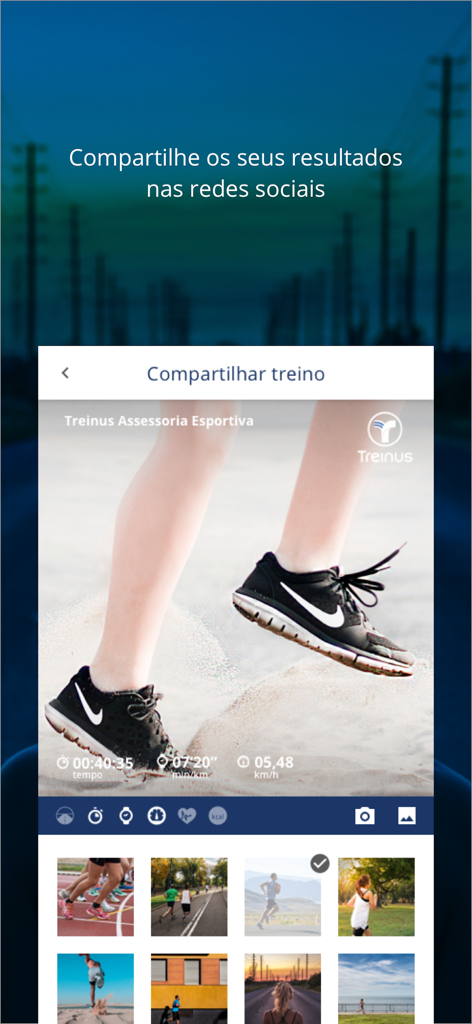 Treinus - Tela do aplicativo móvel Treinus mostrando opções para compartilhar estatísticas de treino e fotos nas redes sociais.