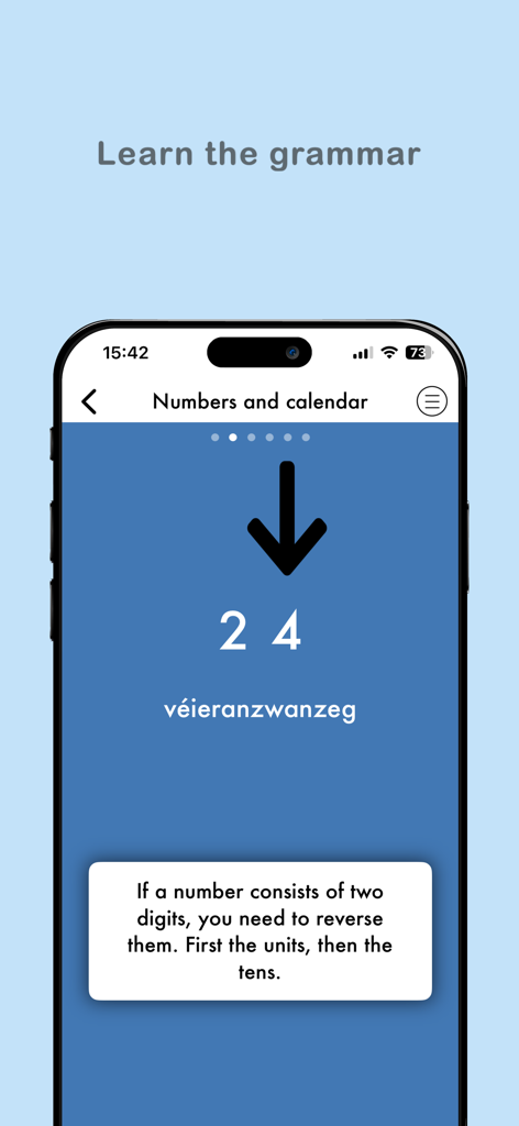 Aureluxアプリのスクリーンショット。ルクセンブルク語での数字の形成方法を説明しています。