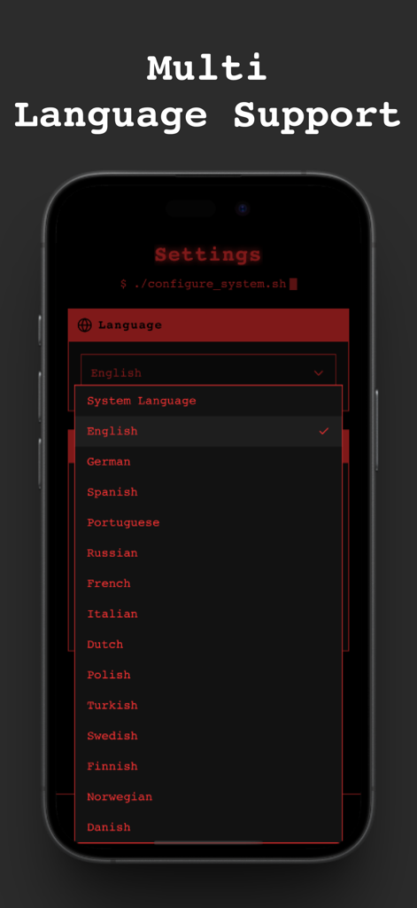 SpyFall: Find the Spy - Settings screen of the SpyFall app displaying a list of supported international languages.