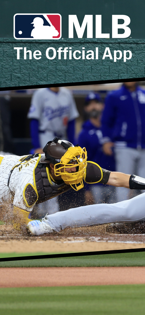 MLB official app logo and an action shot of a catcher tagging a runner at home plate