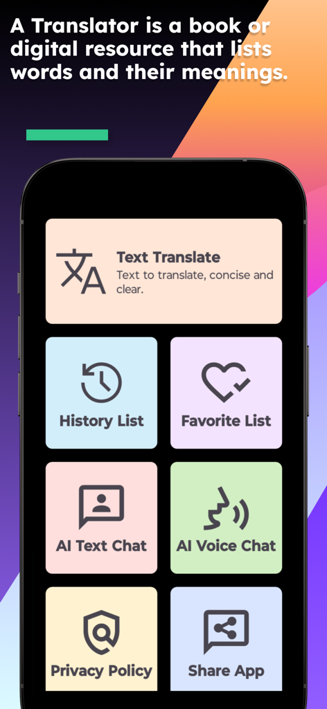 English Oromo Translator app interface showing the main menu with translation history and AI chat options