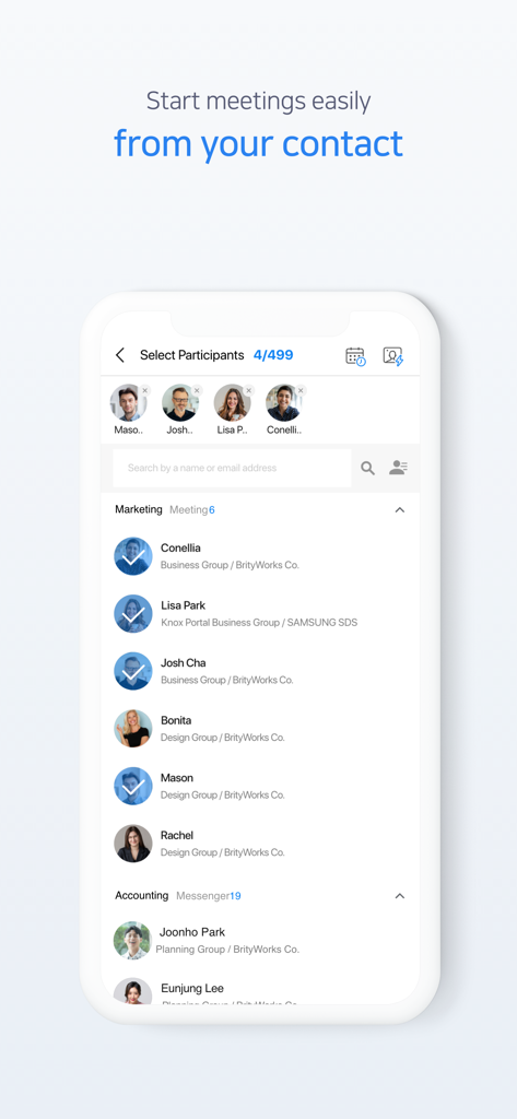 Brity Meeting 브리티 미팅 - Mobile interface of Brity Meeting app showing how to select participants from a contact list to start a meeting.