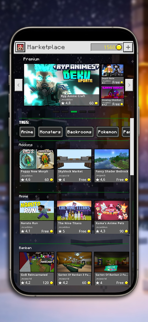 Mods, Addons & Skins Hub - Marketplace screen of the Mods Addons and Skins Hub app featuring anime and building mods for Minecraft