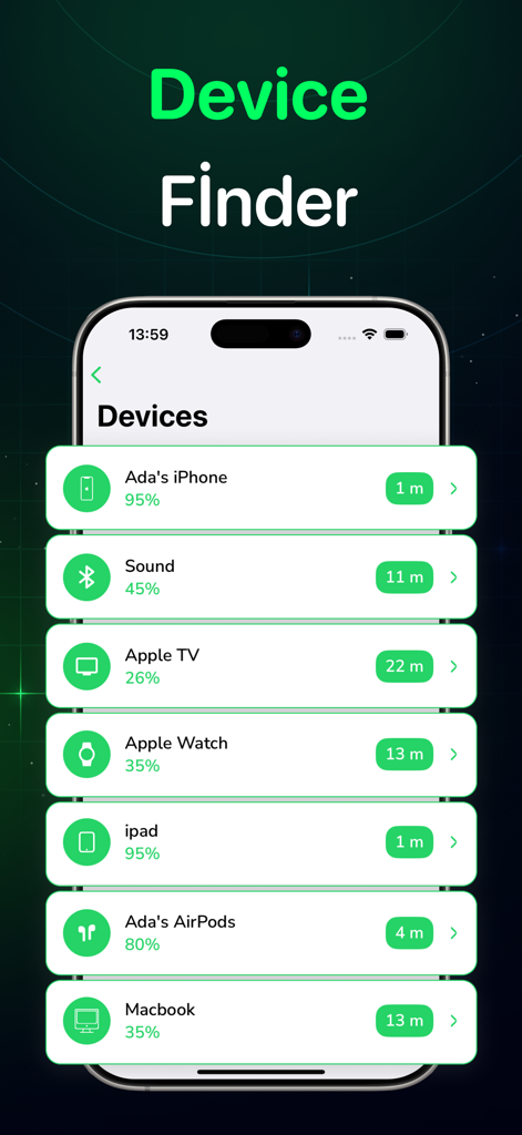 NFC Tools & RFID Scanner - A smartphone screen showing the Device Finder feature with a list of nearby Bluetooth devices and their distances in meters