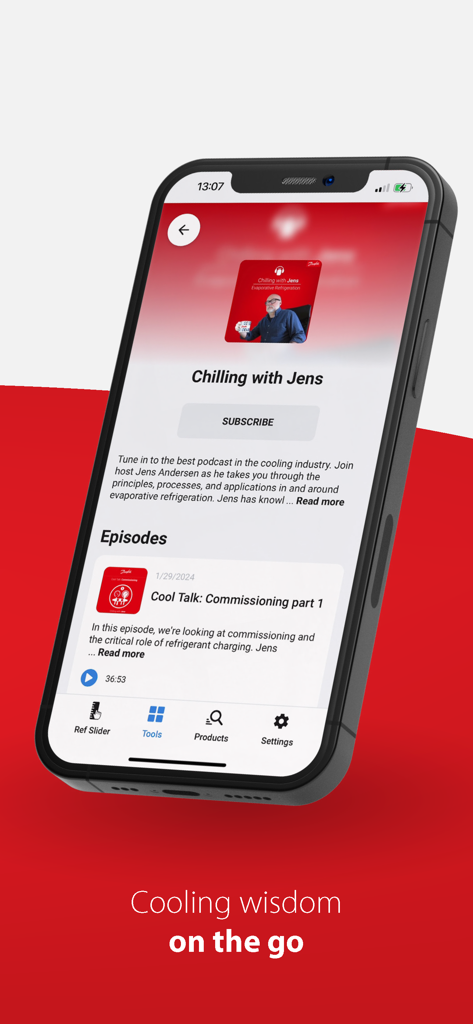Ref Tools app interface showing the Chilling with Jens HVACR industry podcast