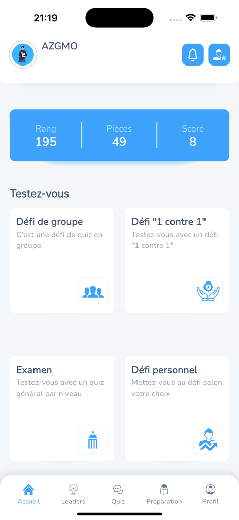 ReviseClasse : Brevet Bac Sup - Ecrã inicial da aplicação ReviseClasse mostrando modos de desafio de questionários e estatísticas de progresso do aluno