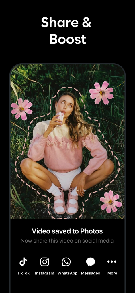 A screen from the Muse app showing a saved video with options to share it on social media platforms like TikTok and Instagram