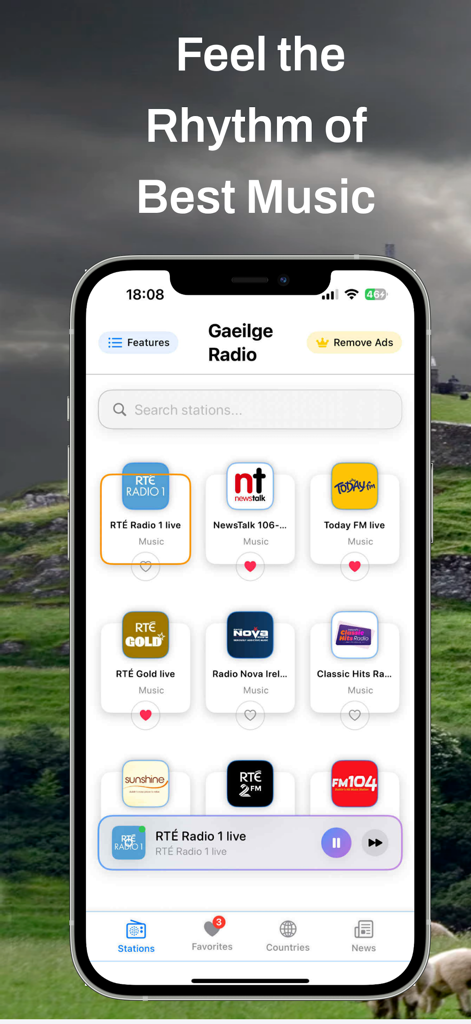 Irish Radio – Live Stations - A smartphone screen displaying the Irish Radio app with a list of live radio stations from Ireland including RTE and Today FM.