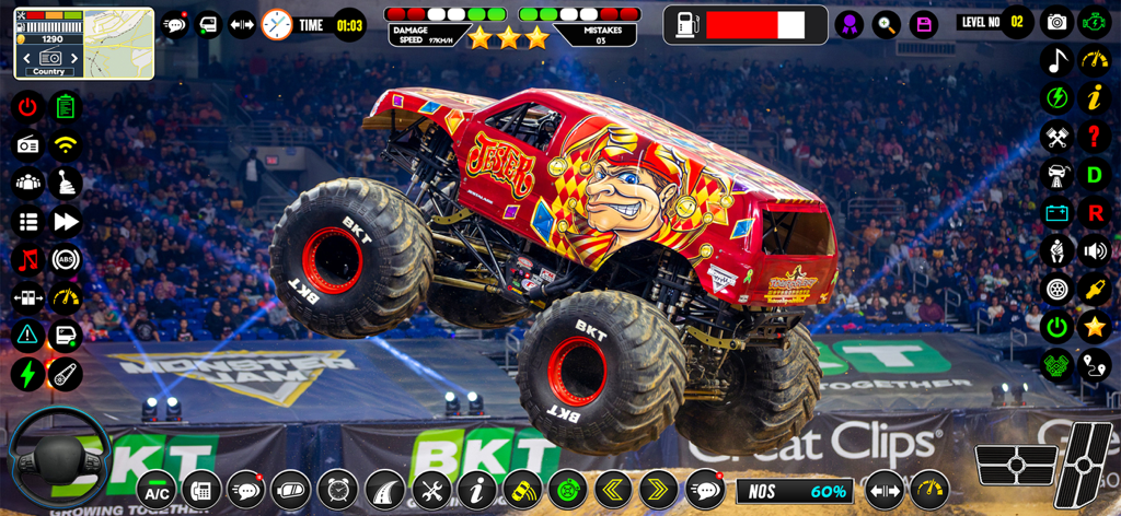 A red monster truck with a jester decal performing a high jump in a packed stadium arena