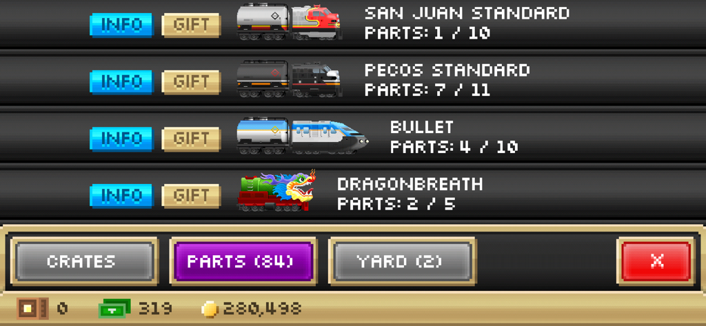 Pocket Trains: Railroad Tycoon - Pocket Trains game menu showing train parts collection and progress for various locomotives